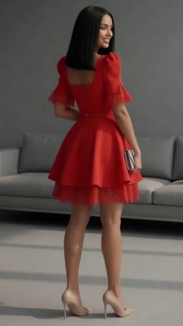 Red mini dress with a double-layered skirt and Chantilly lace