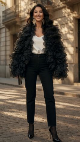 Designer Black Bomber Jacket with Silky Organza Trim