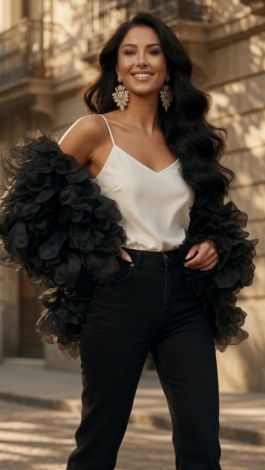 Designer Black Bomber Jacket with Silky Organza Trim