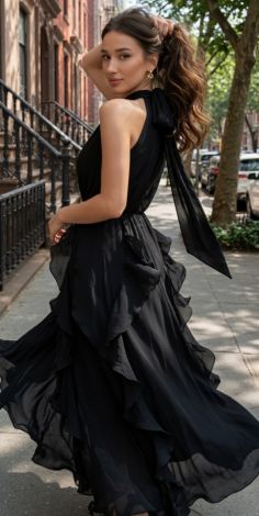 Black Chiffon Floor-Length Evening Dress