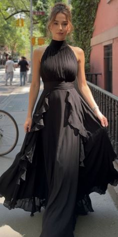 Black Chiffon Floor-Length Evening Dress
