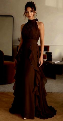 Chocolate Chiffon Evening Dress with Ruffles