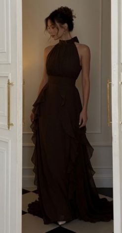 Chocolate Chiffon Evening Dress with Ruffles - Image 4