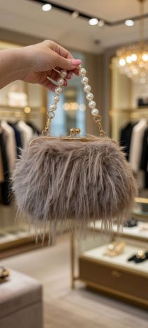 Soft faux fur evening bag with pearl handle