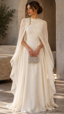 Evening dress with a crystal-embellished chiffon cape