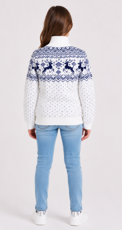 Girls knitted reindeer cardigan white and blue