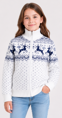 Girls knitted reindeer cardigan white and blue