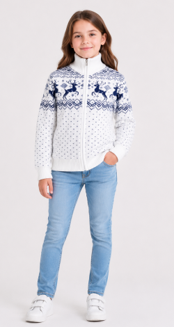Girls knitted reindeer cardigan white and blue