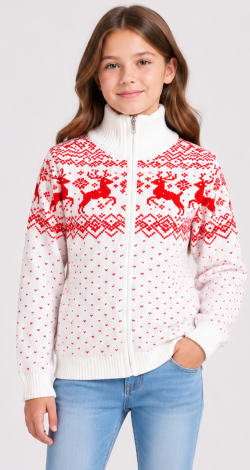 Girls knitted reindeer cardigan white and red