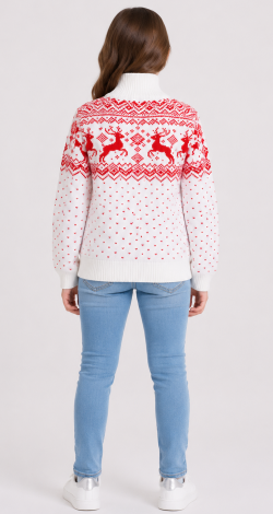 Girls knitted reindeer cardigan white and red