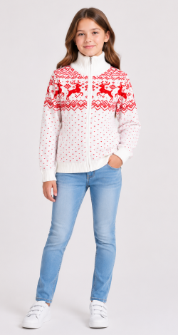 Girls knitted reindeer cardigan white and red