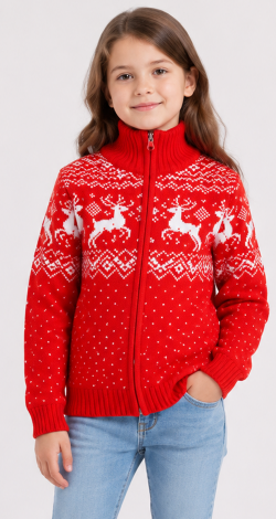 Girls knitted reindeer cardigan red