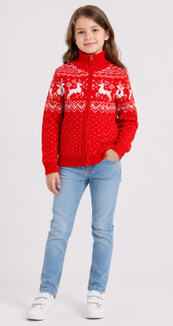 Girls knitted reindeer cardigan red