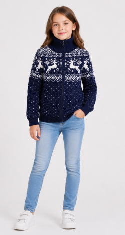 Girls knitted reindeer cardigan dark blue