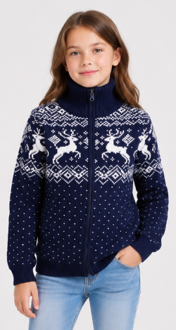 Girls knitted reindeer cardigan dark blue