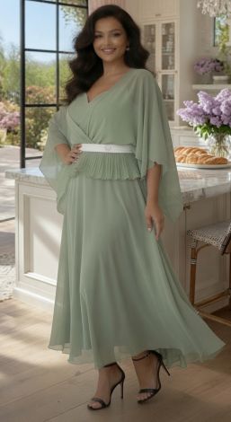 This exquisite olive set: a dress with a pleated cape and a pleated peplum belt