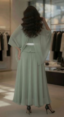 This exquisite olive set: a dress with a pleated cape and a pleated peplum belt