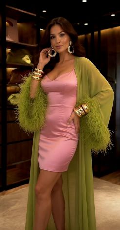 Pink dress and cape with chartreuse feathers