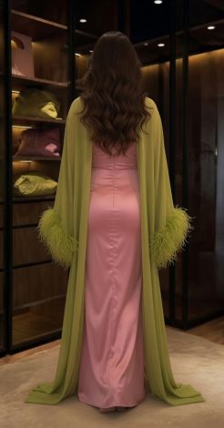 Pink long dress and cape with chartreuse feathers - Image 7