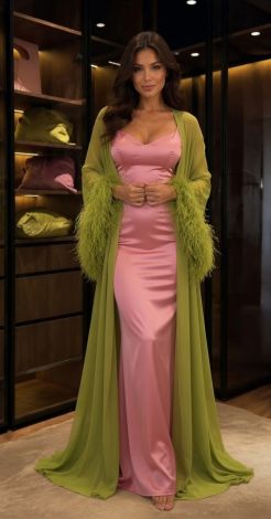 Pink long dress and cape with chartreuse feathers