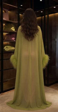 Pink long dress and cape with chartreuse feathers - Image 5