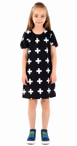 Girls black knit dress with white crosses print