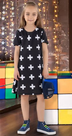 Girls black knit dress with white crosses print