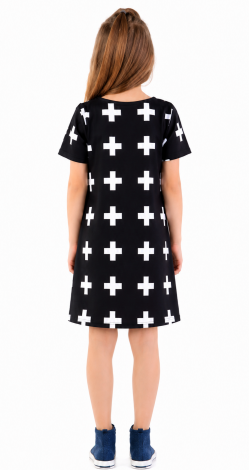Girls black knit dress with white crosses print