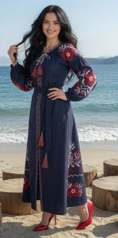 A luxurious blue linen embroidered dress with a rich pattern