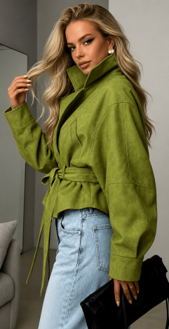 A stylish cropped trench coat in chartreuse eco-suede
