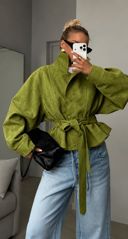 A stylish cropped trench coat in chartreuse eco-suede