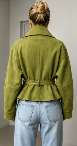 A stylish cropped trench coat in chartreuse eco-suede