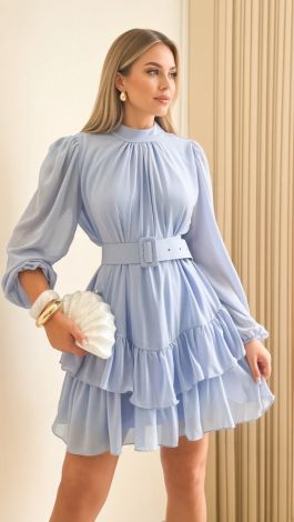 This charming soft blue mini dress with ruffles and a matching belt