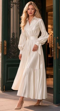 This luxurious and stylish beige shirt dress with puff sleeves