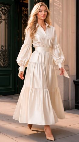 This luxurious and stylish beige shirt dress with puff sleeves
