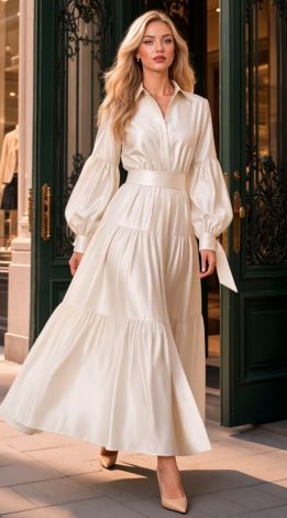 This luxurious and stylish beige shirt dress with puff sleeves