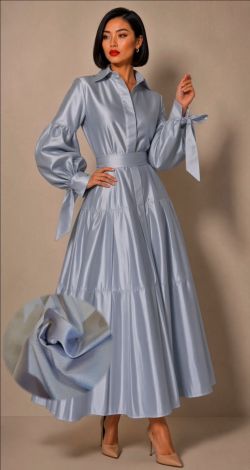 A luxurious and stylish gray shirt dress with puff sleeves and ties