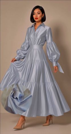 A luxurious and stylish gray shirt dress with puff sleeves and ties