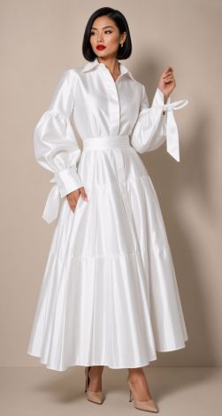 A luxurious, stylish white shirt dress with puff sleeves and ties