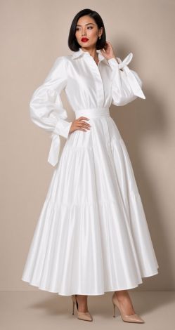 A luxurious, stylish white shirt dress with puff sleeves and ties