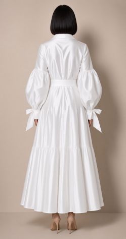 A luxurious, stylish white shirt dress with puff sleeves and ties