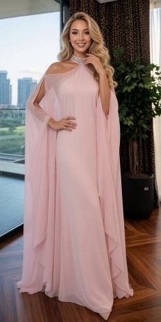 A luxurious soft pink satin dress with a chiffon cape