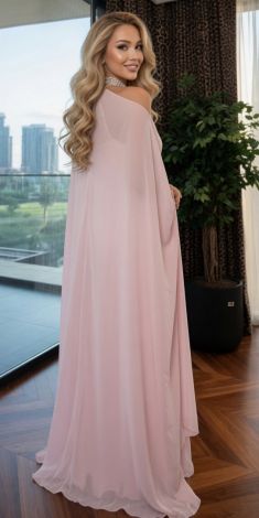 A luxurious soft pink satin dress with a chiffon cape - Image 6