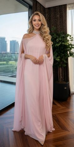 A luxurious soft pink satin dress with a chiffon cape