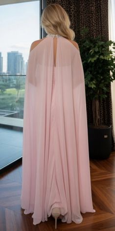 A luxurious soft pink satin dress with a chiffon cape - Image 4