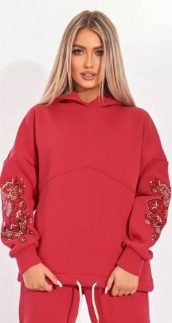 Женский спортивный костюм палаццо с этнической вышивкой красный