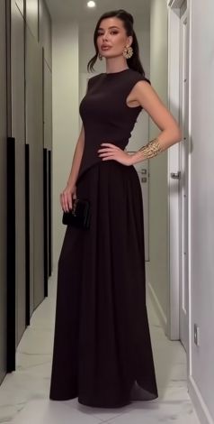 An exclusive deep chocolate-colored three-piece pantsuit with a cape