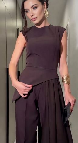 An exclusive deep chocolate-colored three-piece pantsuit with a cape - Image 4