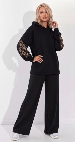 Женский спортивный костюм палаццо с этнической вышивкой черный