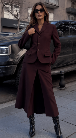 A brown suit in suiting fabric with a lined jacket and pleated skirt